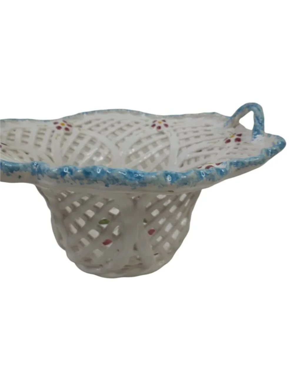 Hand Painted Ceramic White Basket Weave Bowl With Floral Cherry Details Handles